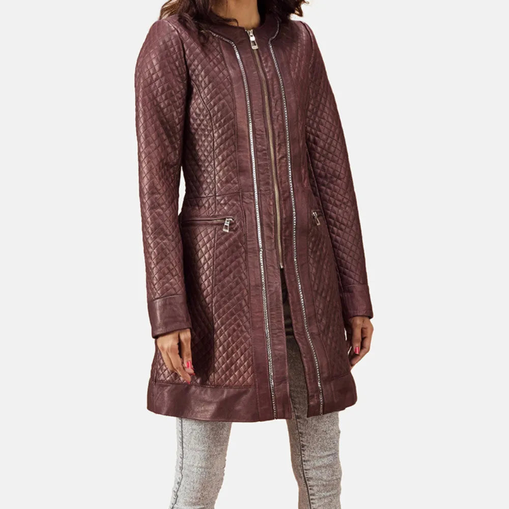 Quilted Maroon Trench Coat WomenLogo Jackets