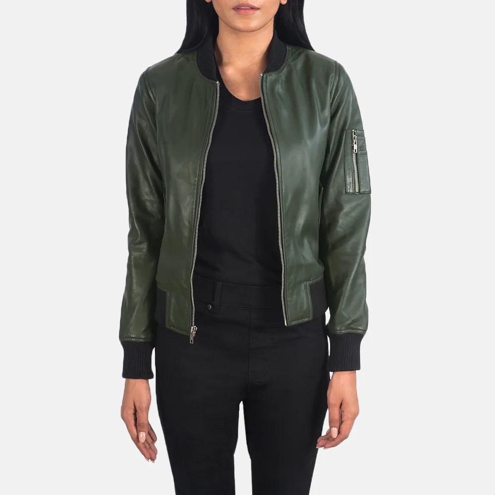 Bomber Vintage Green Leather Jacket with Zipper ClosurePerformance Jackets