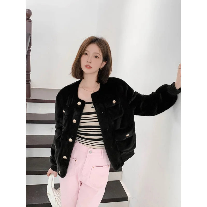 Women's Essential Warm Natural Mink Leather Short Winter Jacket OuterwearCanvas Jackets