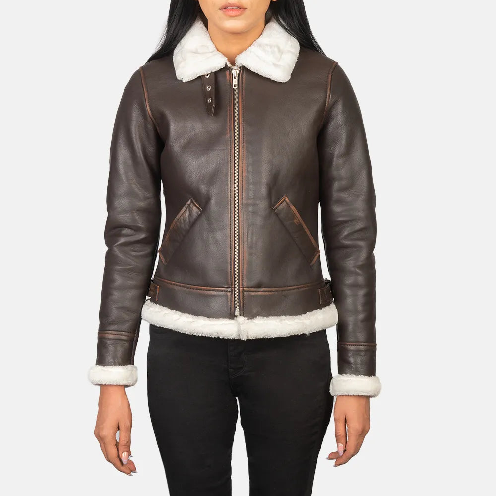 Brown Women's Leather Bomber Jacket with Buckled CollarButton-Up Jackets