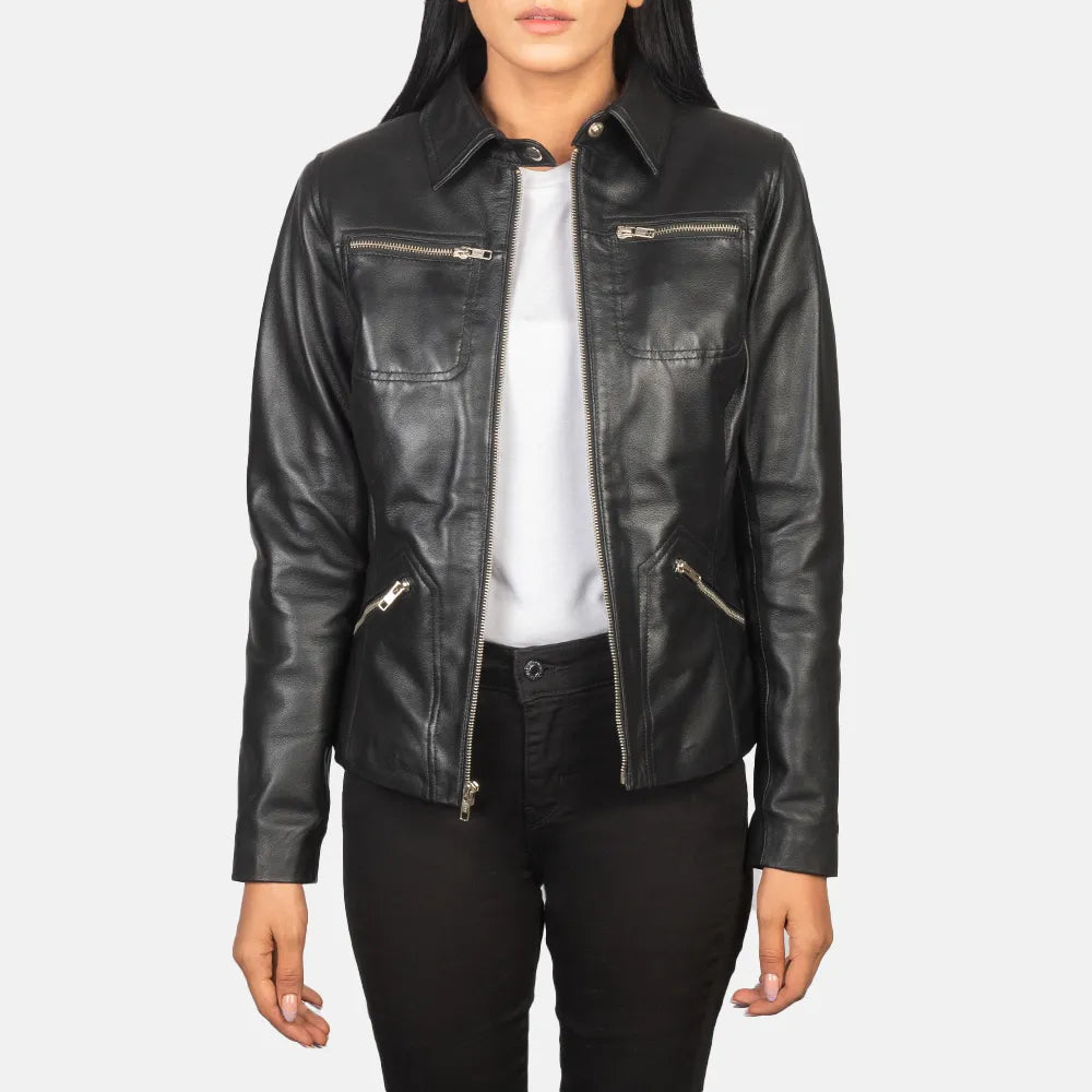 Women's Leather Jacket in Black - Shirt with snap buttonWool Jackets