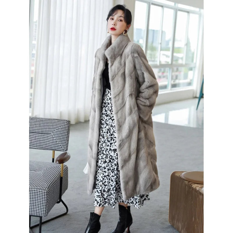 Women's Luxury Winter Warm Real Mink Fur Mandarin Collar Thick Long JacketRibbed Cuff Jackets