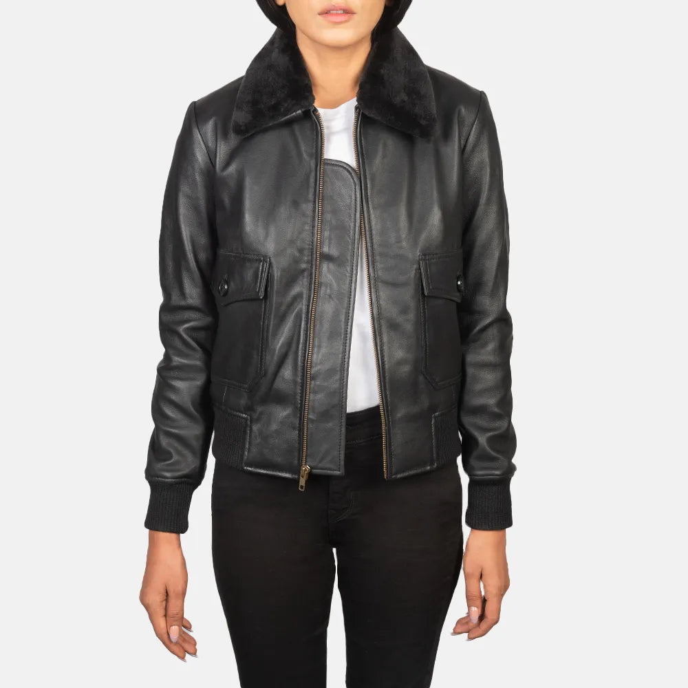 Black Women's Soft Leather Jacket Bomber in Collar StyleBeaded Jackets