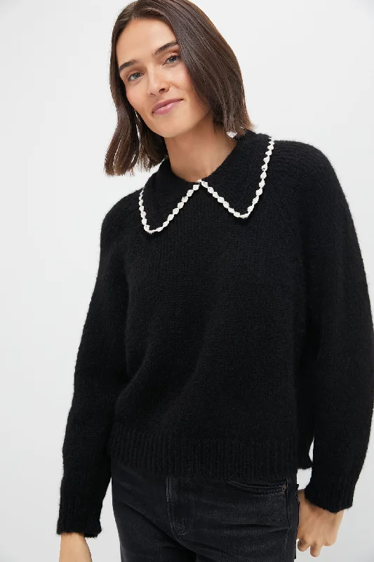 Oversized Knit TopsBlack with Soft White The Crochet Collar Pullover