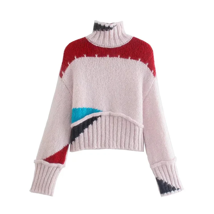 Streetwear Knit TopsColor blocking design half high neck sweater retro lazy sweater  7420