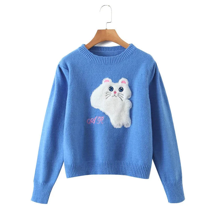 Outdoor Knit TopsCrew neck Pullover cartoon cat loose sweater  7454