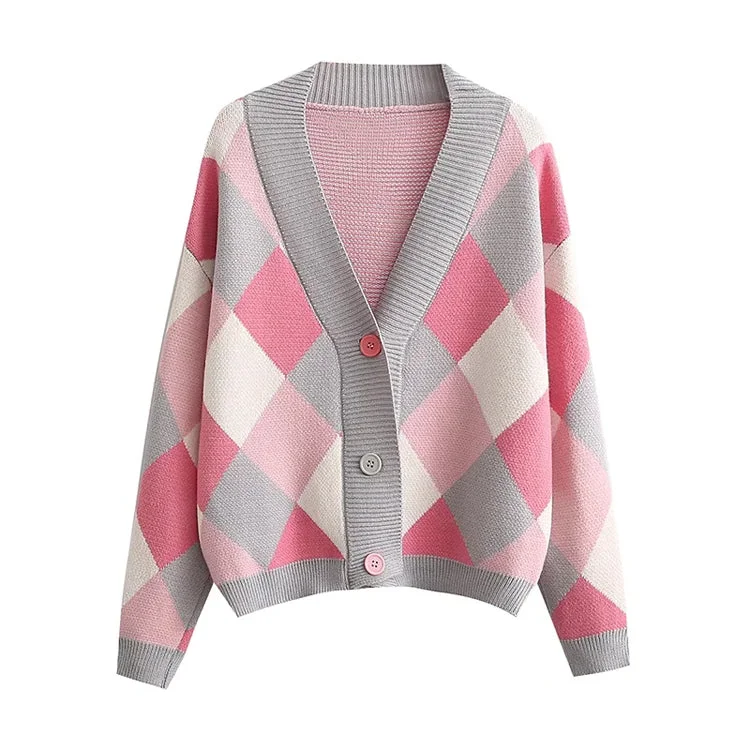 Graphic Knit TopsDiamond check V-neck button loose casual knitted cardigan sweater  7360