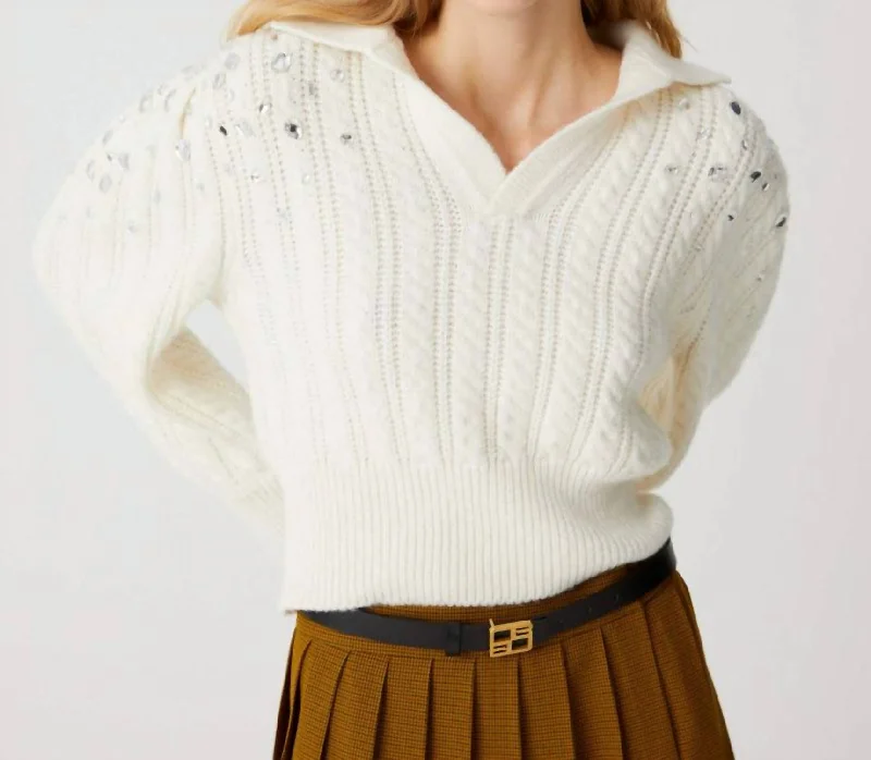 Band Merch Knit TopsEmbroidered Sleeves Polo Sweater In Off White