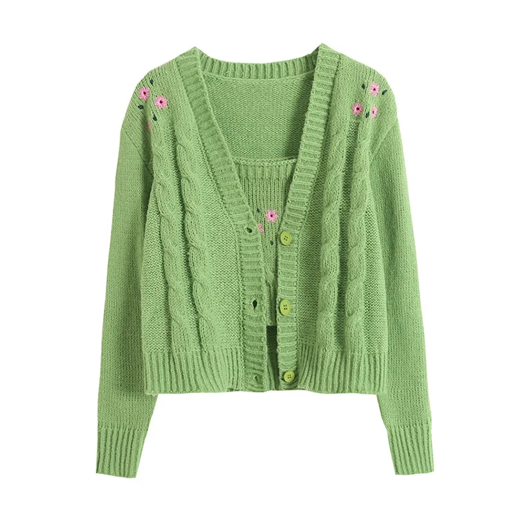 Travel Knit TopsFlower embroidery V-neck short sweater cardigan  7396