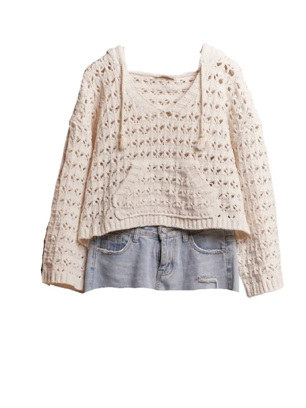 Fitted Knit TopsHooded Crochet Bolero Sweater In Cream