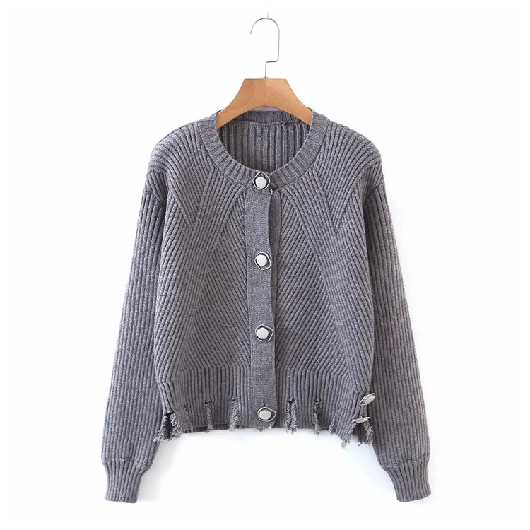 Luxury Knit TopsIrregular button round neck long sleeve knitted cardigan sweater  7358