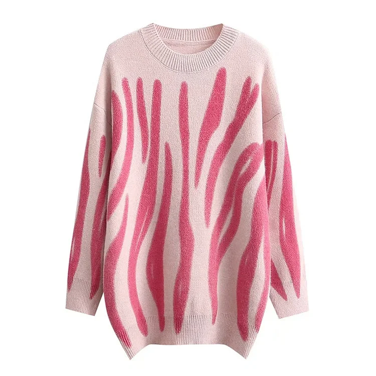 Recycled Fabric Knit TopsLazy style retro irregular stripe crew neck loose long sleeve sweater  7359