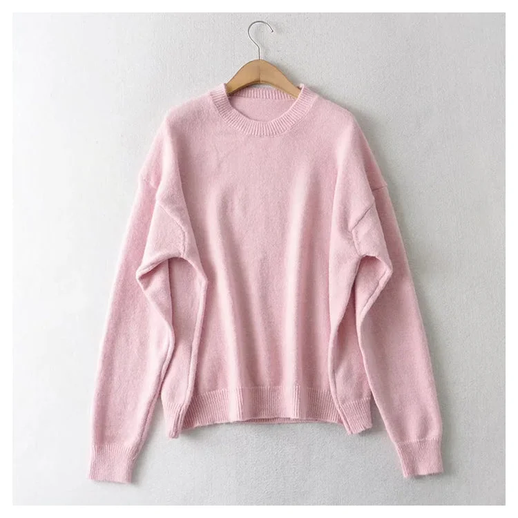 Pocketed Knit TopsLazy style sweater loose round neck simple long sleeve sweater  7439