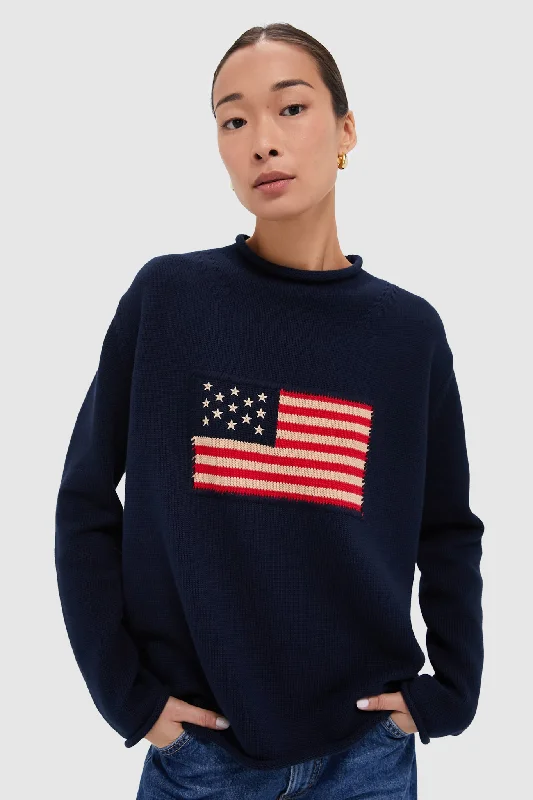 Ribbed Cuff Knit TopsNavy Cotton Americana Sweater