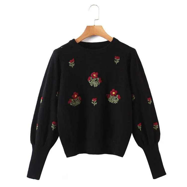 Sheer Knit TopsNew lazy wind flower embroidered round neck Pullover Sweater  7435