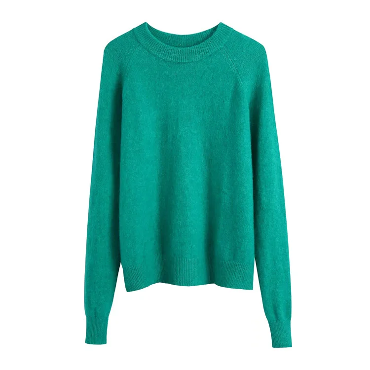 Ruffled Knit TopsNew simple and versatile round neck Pullover long sleeve sweater  7427