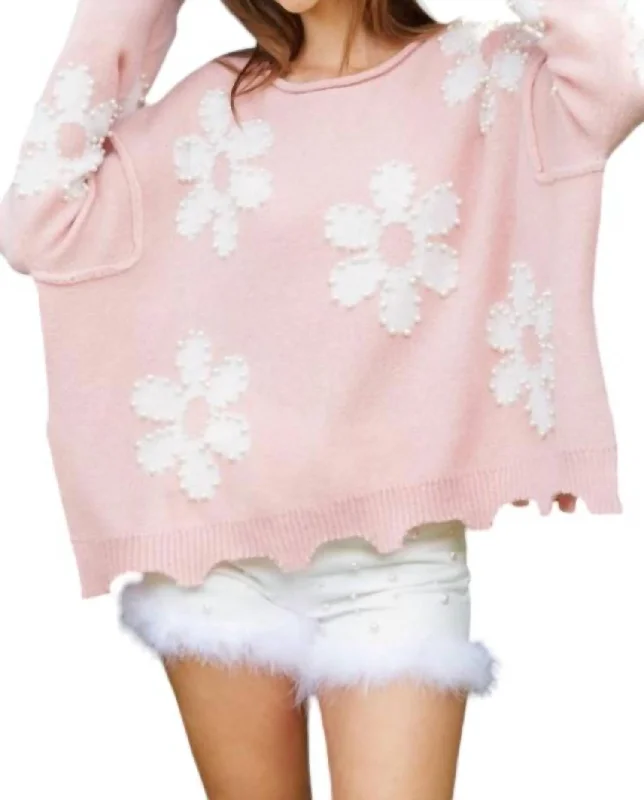 Oversized Knit TopsPretty Pearls Sweater In Pink