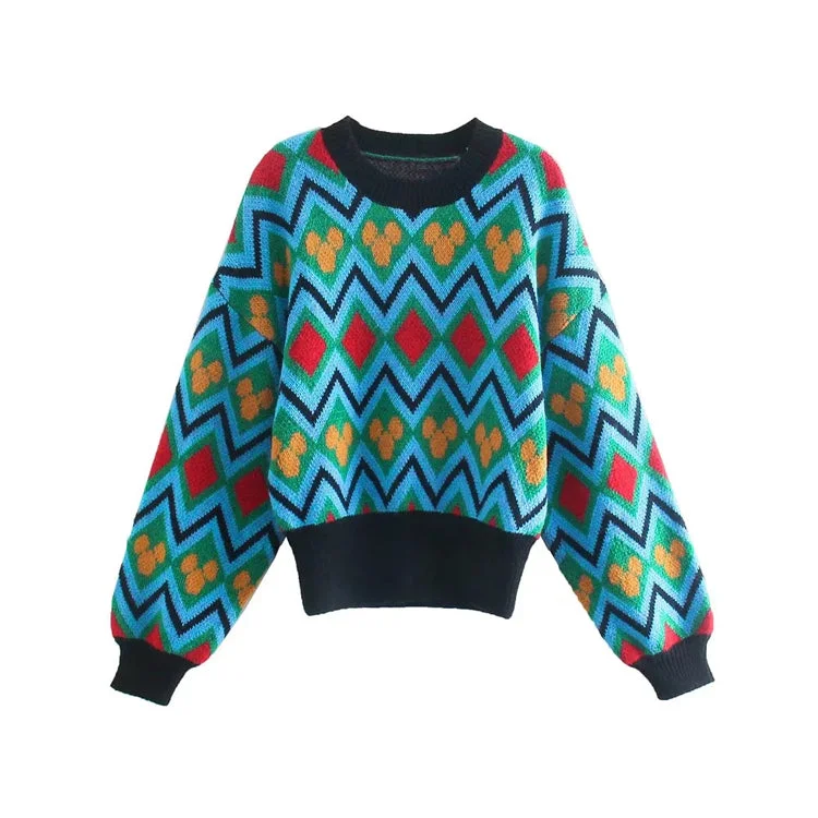 Boat Neck Knit TopsRetro design sense minority color matching Pullover Sweater sweater  7415