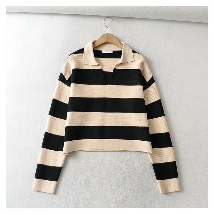 Festival Knit TopsRetro Stripe Polo neck T-shirt  7363