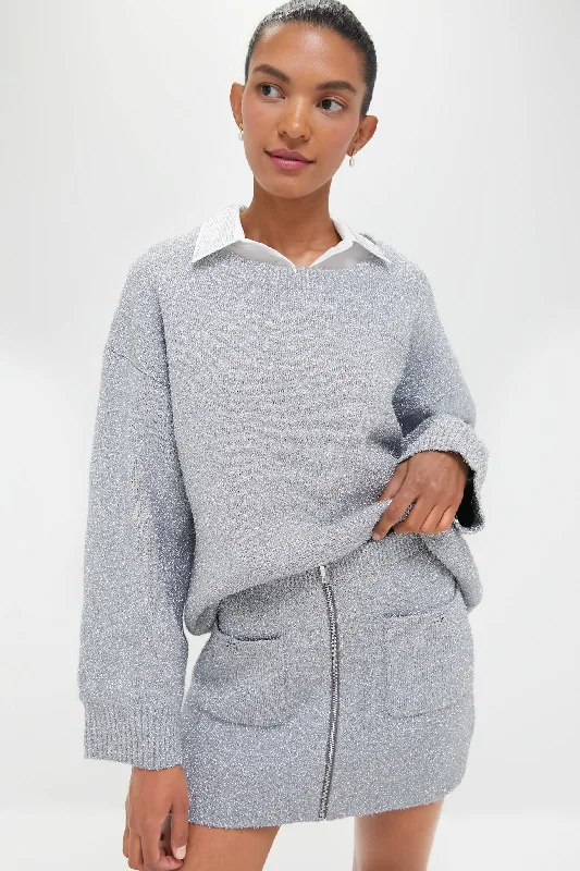 Casual Knit TopsSilver Sparkle Knit O-Neck Sweater