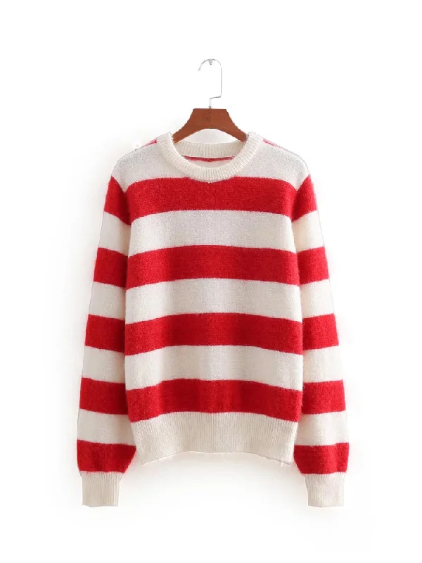 Cotton Knit TopsStriped crew neck Pullover long sleeve sweater loose sweater top  7458