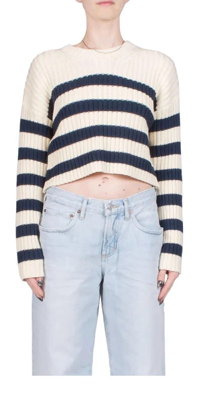 Performance Knit TopsStriped Ribbed Cropped Sweater In Ecru W/ Navy