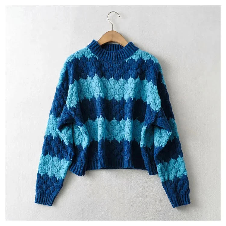 Embroidered Knit TopsThick needle jacquard stripe round neck Pullover knitted sweater  7399