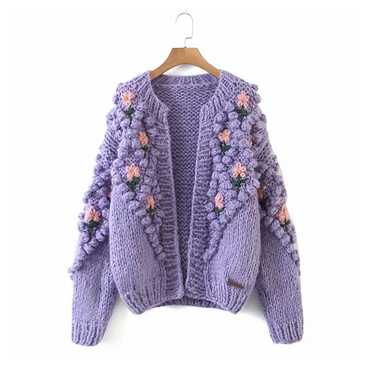 Turtleneck Knit TopsThree dimensional flower hook woven lantern sleeve cardigan sweater coat  7379