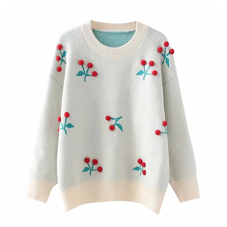 Cashmere Knit TopsThree dimensional flower round neck Pullover knitted sweater lazy loose top  7388