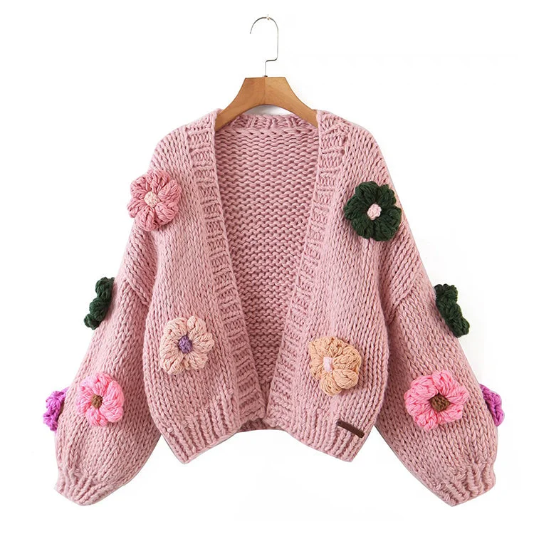 Metallic Knit TopsThree dimensional flower thick stick needle knitted cardigan  7374