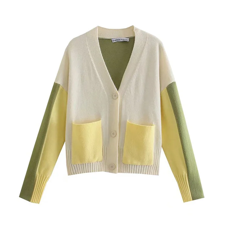 Logo Knit TopsV-neck contrast color design knitted cardigan loose lazy coat sweater  7418