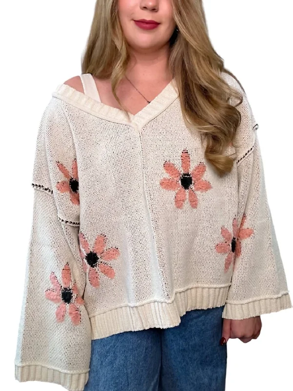 Glitter Knit TopsV-Neck Floral Pullover Sweater In Pale Beige