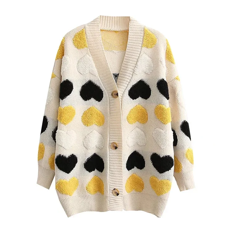 College Knit TopsV-neck single breasted love jacquard loose knit cardigan coat  7371