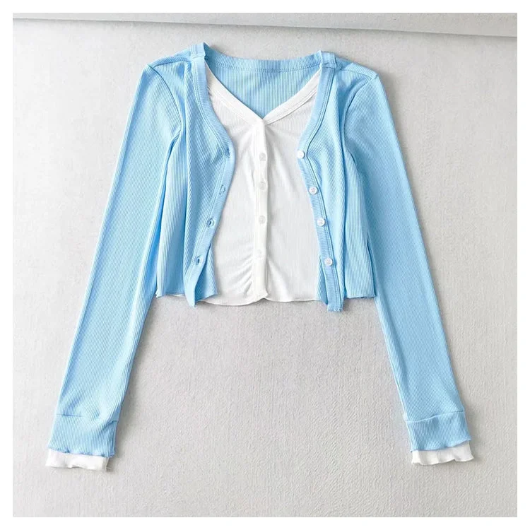 Casual Knit TopsV-neck stretch slim short knit cardigan  7387