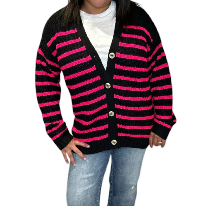 Crewneck Knit TopsVibe Stripe Cardigan Sweater In Black/pink