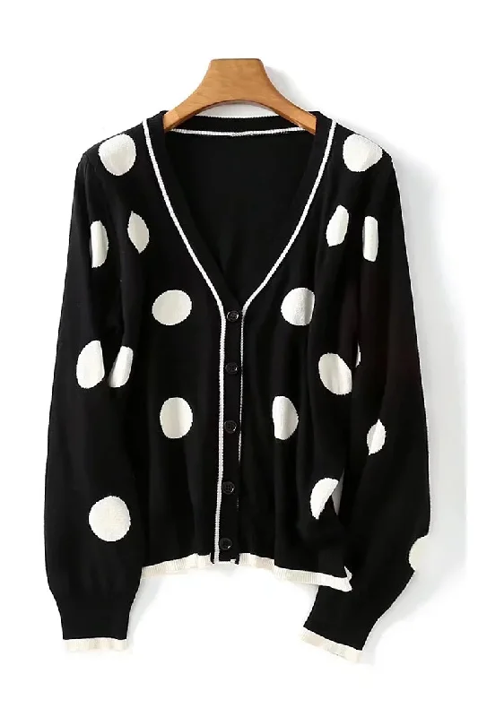 High-Fashion Knit TopsVintage dot black and white contrast V-Neck Sweater Cardigan Jacket  7419