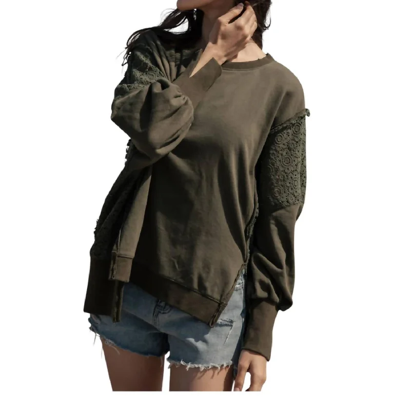 Hooded Knit TopsWith Lace On Sides & Sleeves Sweatshirt In Army Green