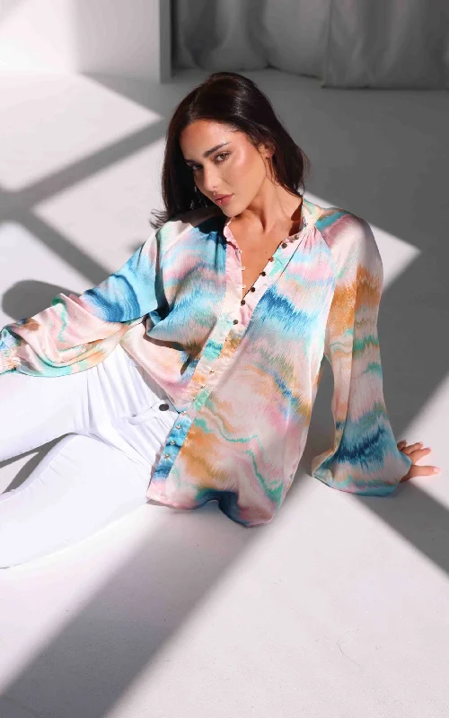 Ribbed Cuff ShirtsLindal Shirt Blouse - Blue Pink Multi Print