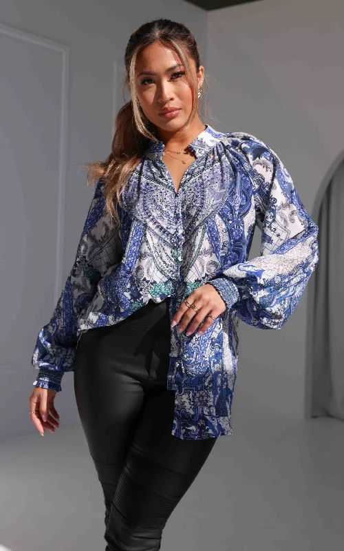 Streetwear ShirtsMaysa Gem Embellished Shirt Blouse - Blue White Floral