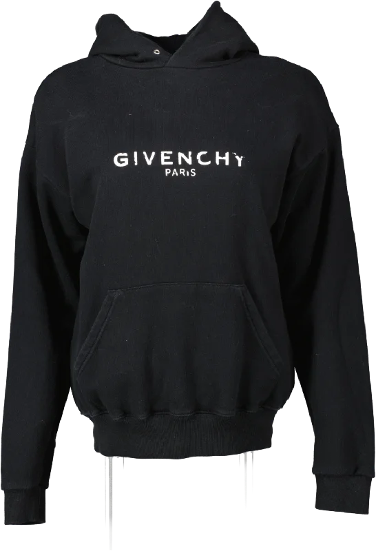 Vintage HoodiesGIvenchy Black Distressed Logo Hooded Sweatshirt UK XS