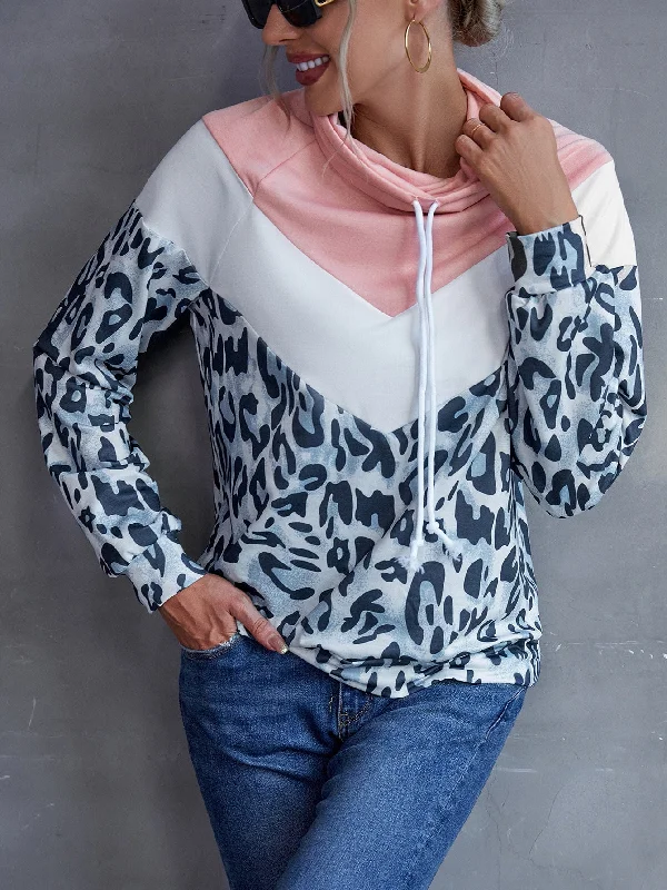 Gym HoodiesLeopard Color Block Drawstring Sweatshirt