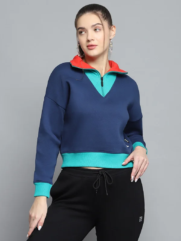 Branded SweatshirtsWomen Blue Solid Collar Full Sleeve Sweatshirt