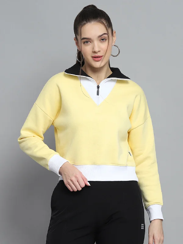 Artist HoodiesWomen Yellow Solid Collar Full Sleeve Sweatshirt