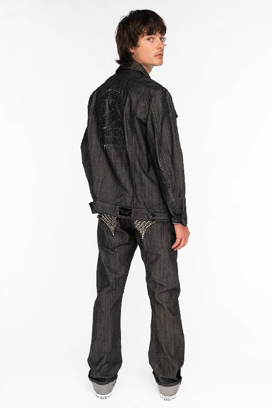 Denim windbreakerRAW DENIM COLLECTION MENS STRAIGHT LEG LONG FLAP JEANS WITH CRYSTALS