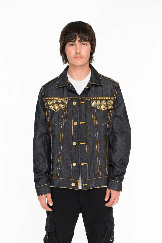 Denim skirtROBINS RAW DENIM COLLECTION MENS JACKET IN RAW INDIGO DENIM WITH AURUM  CRYSTAL AND STUDS