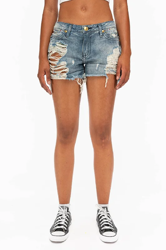 Cowboy museumDESTROYED DENIM SHORTS WITH MULITCOLR CRYSTALS IN BLUE