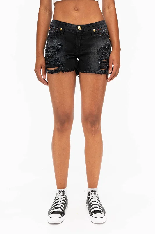 Cowboy historyDESTROYED DENIM SHORTS WITH MULITCOLR CRYSTALS IN BLACK