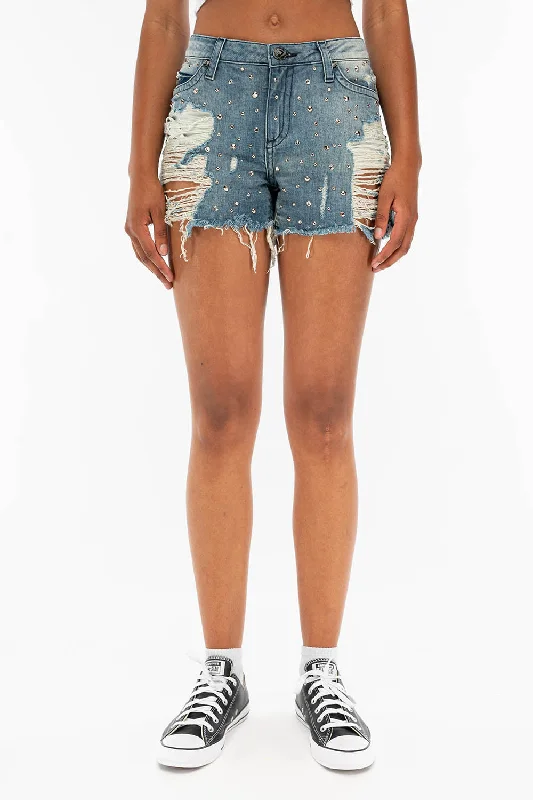 Western styleDESTROYED DENIM SHORTS WITH CRYSTALS AND STUDS IN BLUE