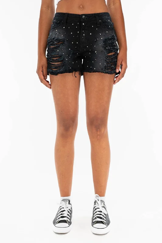 AG JeansDESTROYED DENIM SHORTS WITH  CRYSTALS AND STUDS  IN BLACK