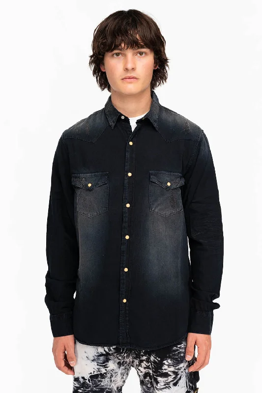 Ralph LaurenWESTERN NATIVE AMERICAN STYLE MENS DESTROY DENIM SHIRT IN F_ED UP BLACK